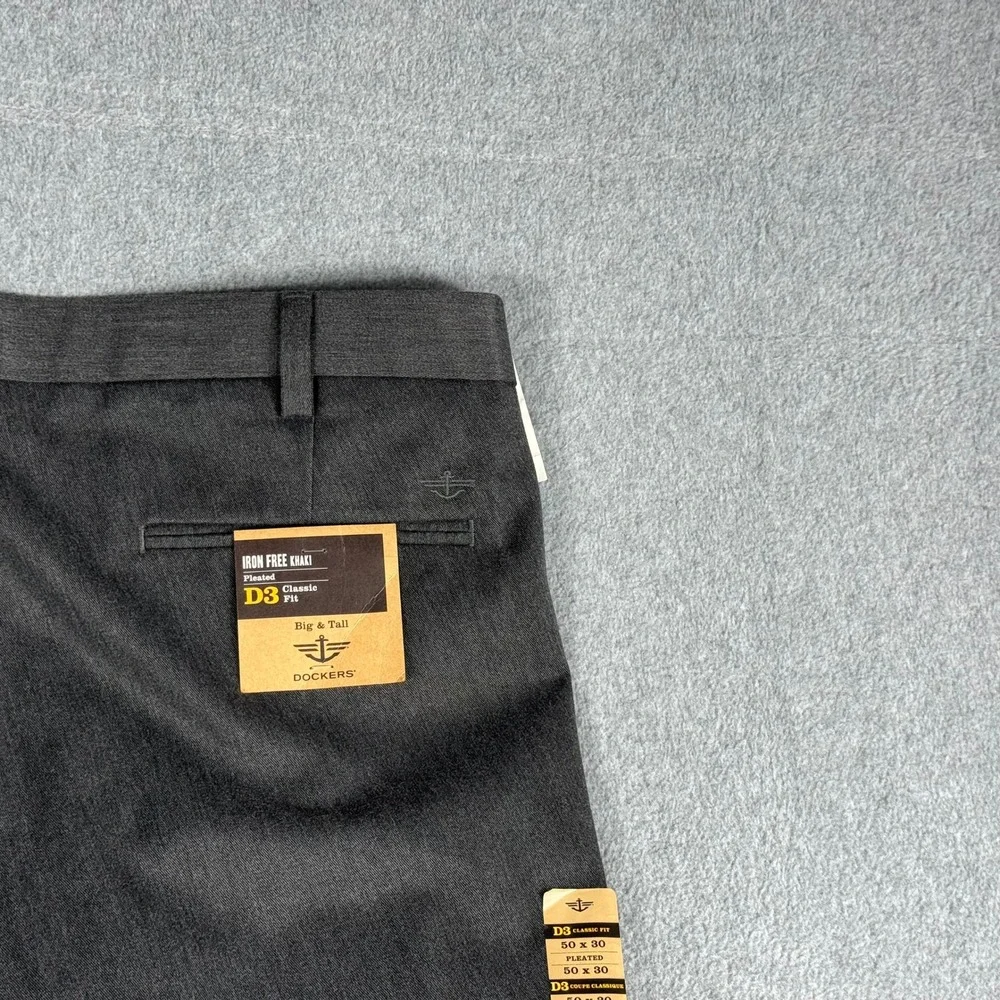 Dockers Pants D3 Mens 50x30 Big & Tall Navy Gray Pleated Flex Comfort
